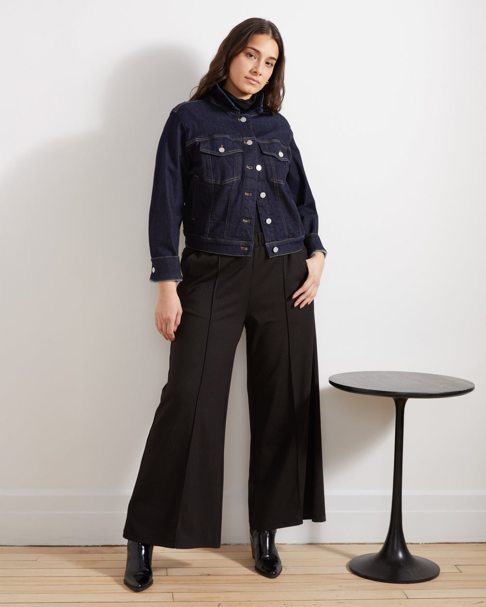 Pam Pintuck Wide Leg Ponte Pants - Fine Grey Pinstripe