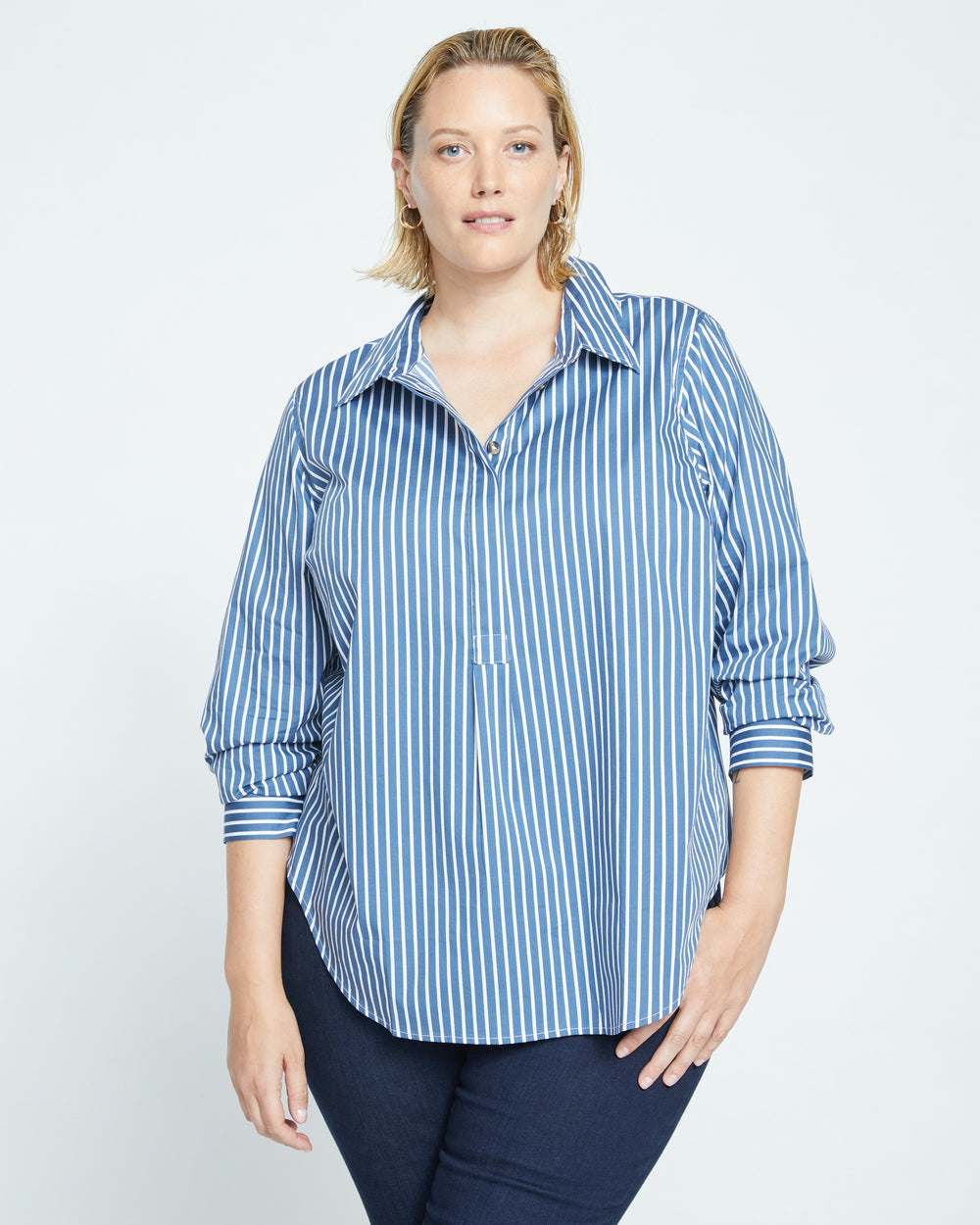 Elbe Popover Stretch Poplin Shirt Classic Fit - Bleu Scolaire/White Stripe