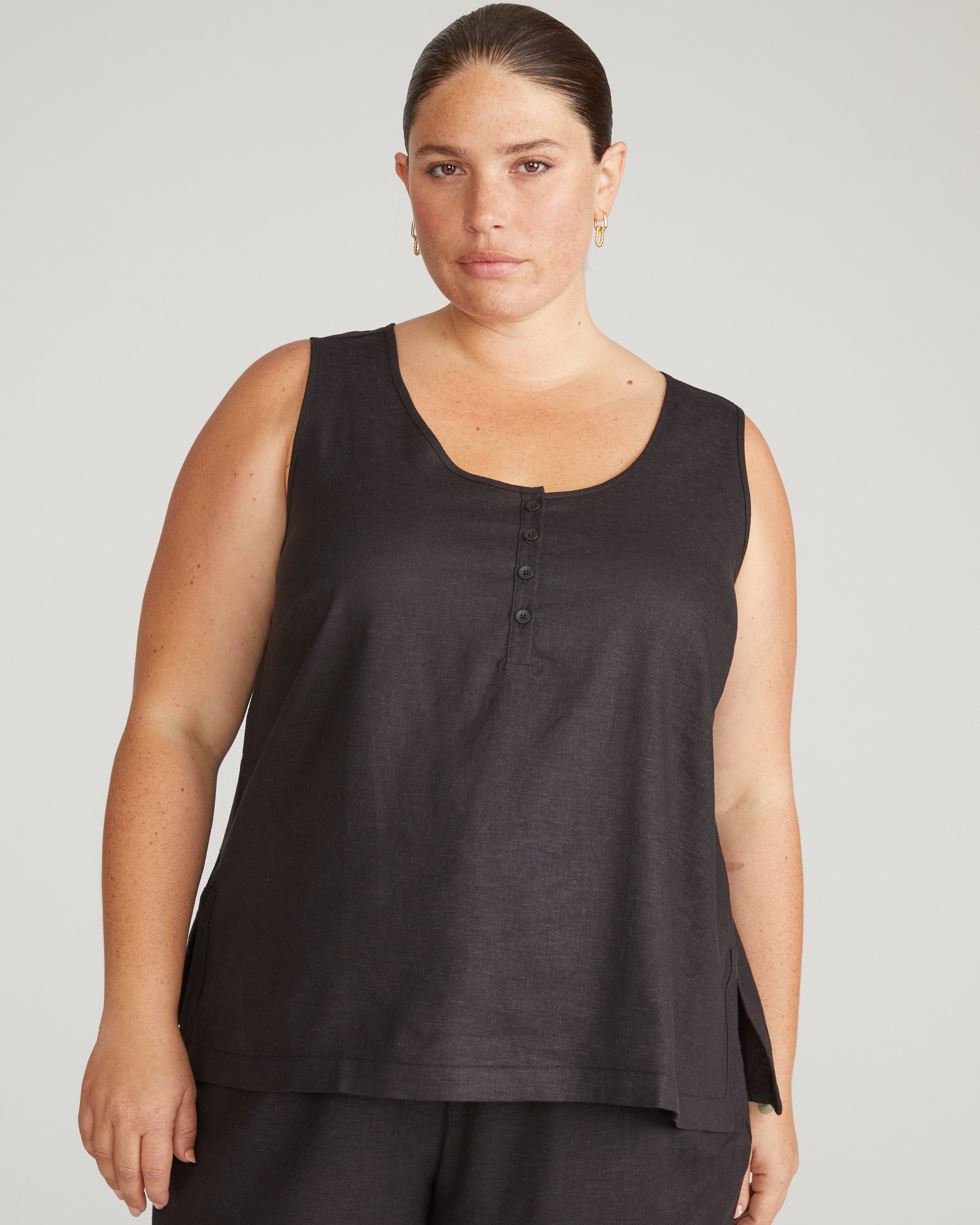 Henley Linen Tank - Black