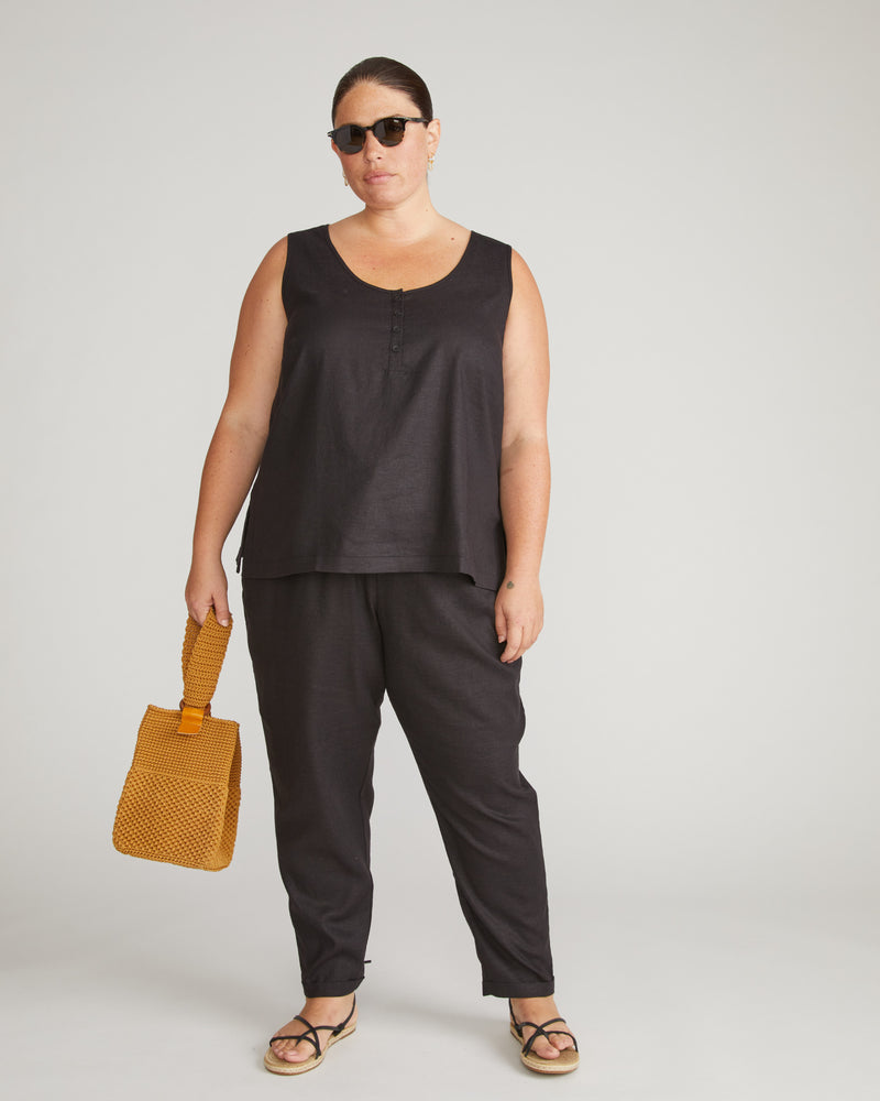 Henley Linen Tank - Black