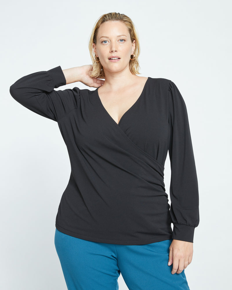 Crepe Jersey Gathered V-Neck Blouse - Black