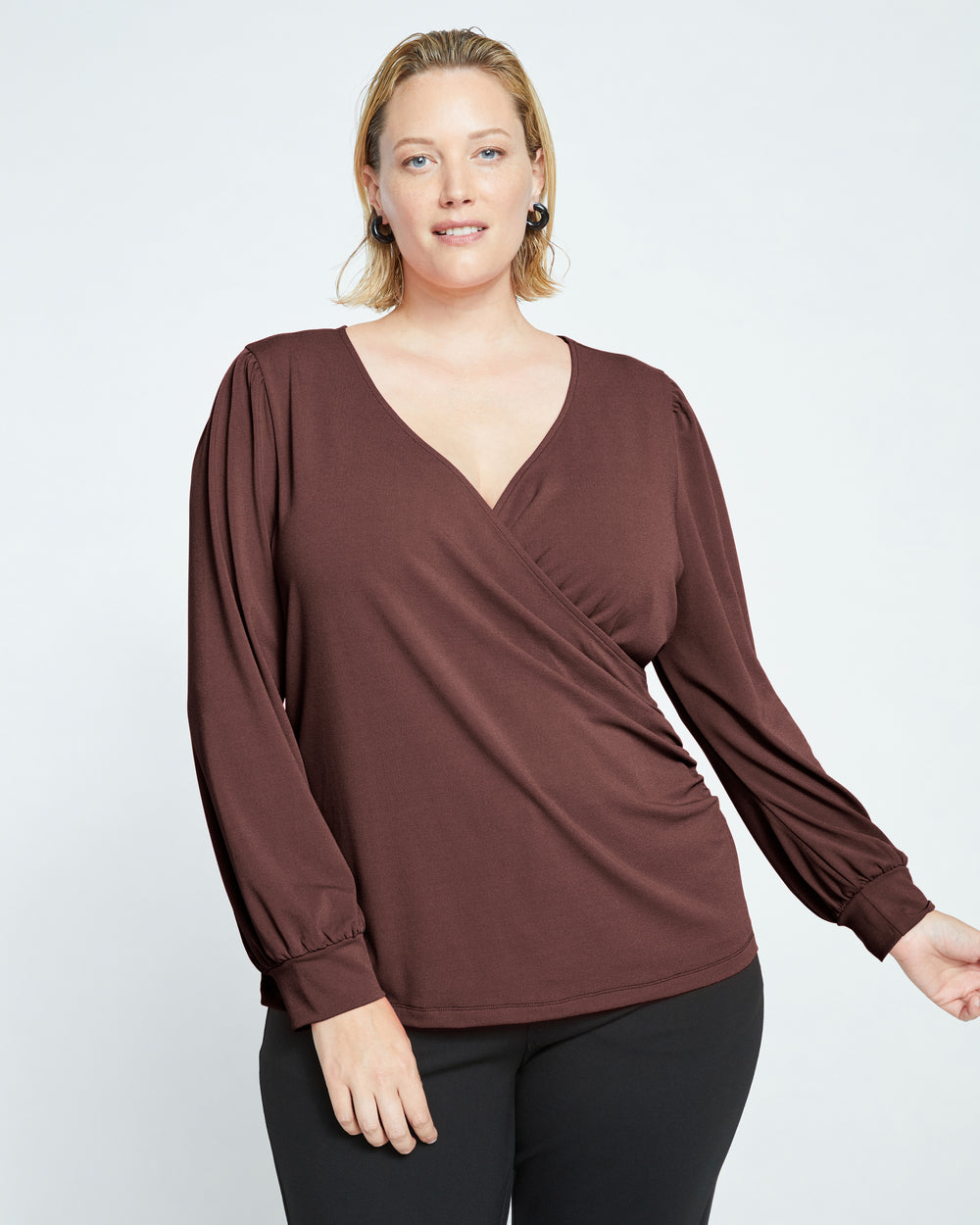 Crepe Jersey Gathered V-Neck Blouse - Brulee