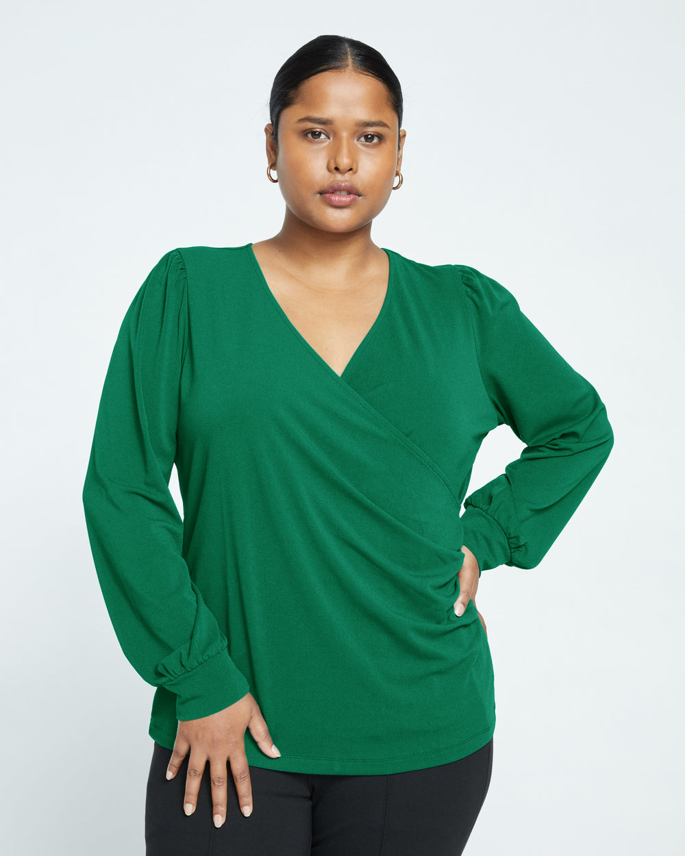 Crepe Jersey Gathered V-Neck Blouse - Jardin