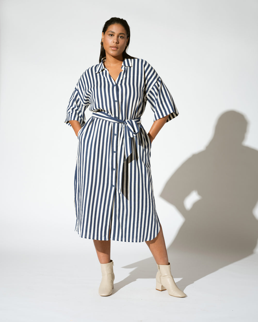 Plaza Linen Shirtdress - Deep Blue/White Stripe