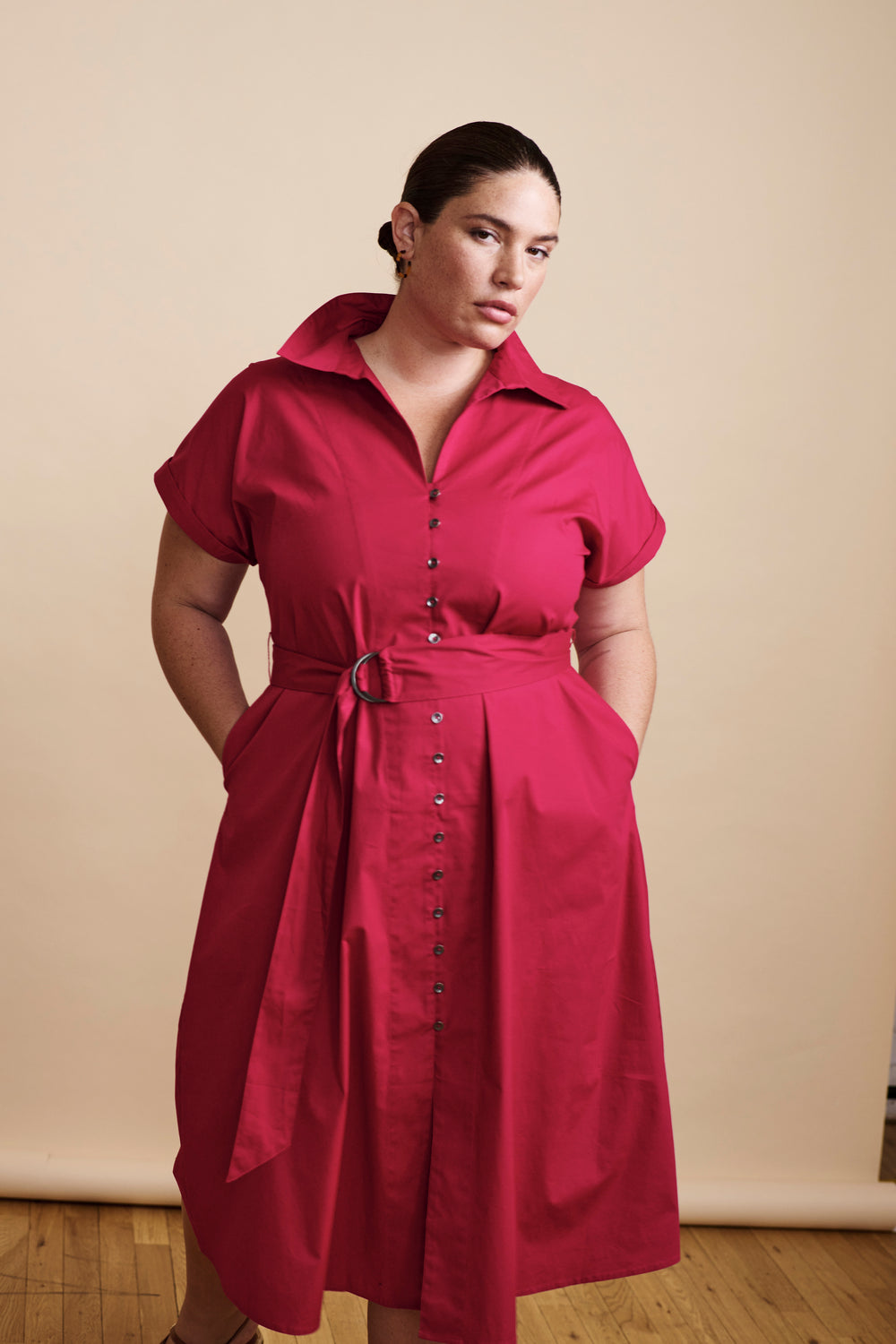 Sandy Stretch Poplin Shirtdress - Cerise