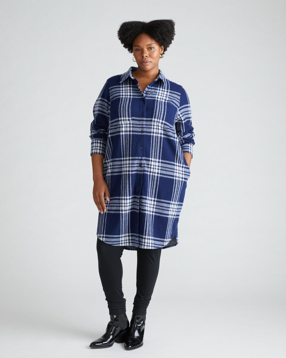 Maine Stretch Flannel Shirtdress - Ocean Plaid