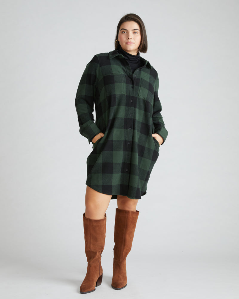 Maine Stretch Flannel Shirtdress - Dark Forest Plaid