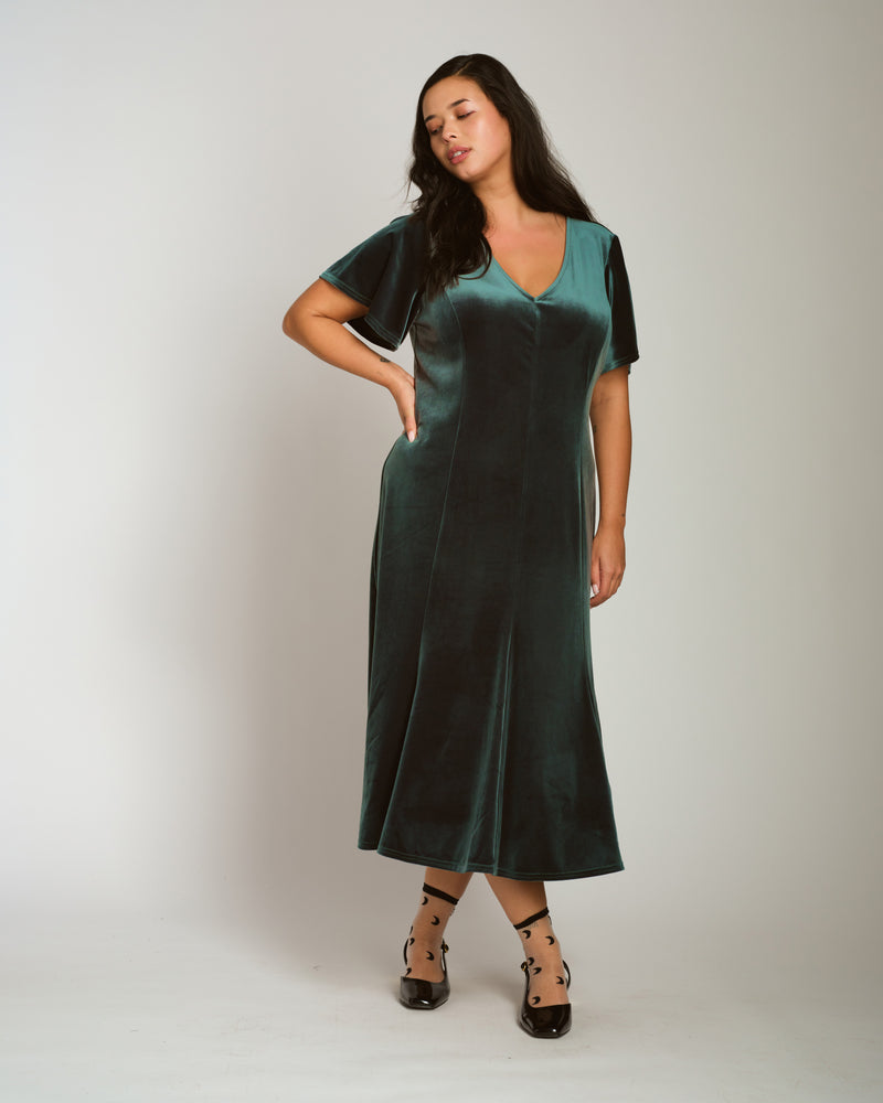 Solstice Stretch Velvet Dress - Forest Green