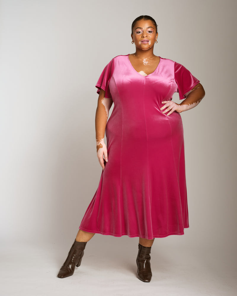 Solstice Stretch Velvet Dress - Cerise