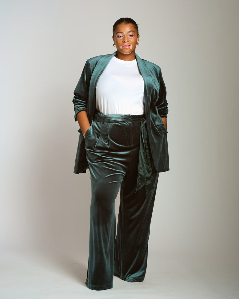 Luxe Belted Velvet Pant - Forest Green