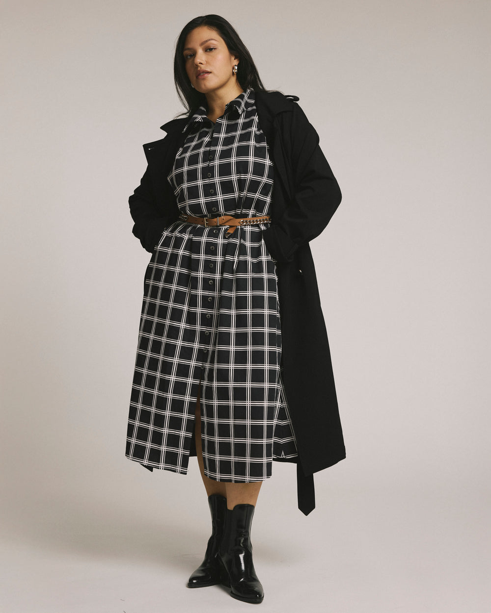 Sandy Stretch Poplin Shirtdress - Black/White Check