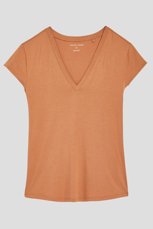 Ashley V Neck Cap Sleeve Tee - Caramel